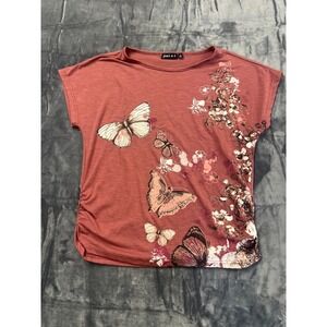 Joei & I Blouse Top Womens Small Heathered Pink Butterfly Floral Side Ruched